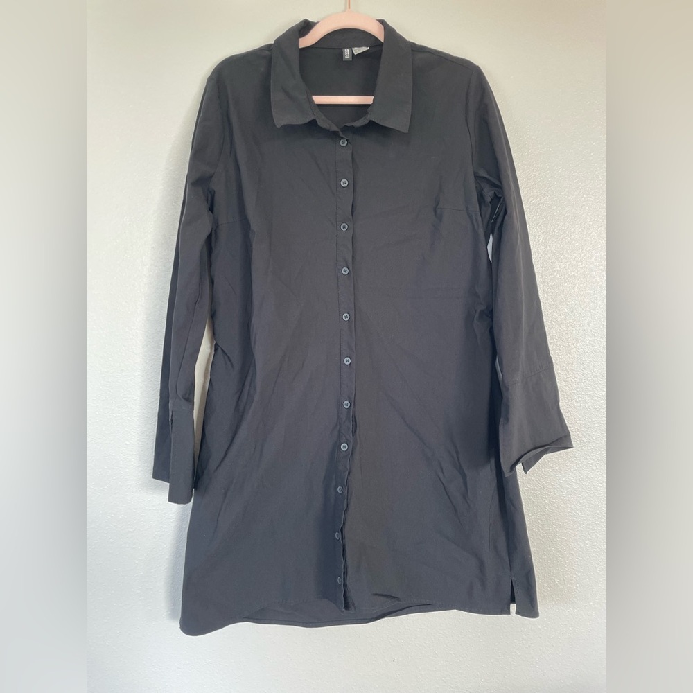 H&M Black Button Down Long Sleeve Tunic Dress Ruched Slit Cuff Womens XXL